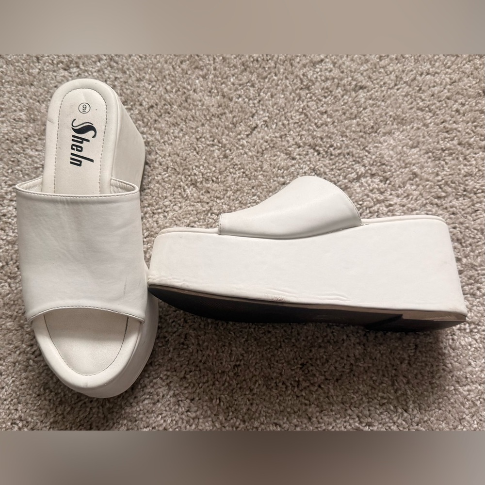 SHEIN Thick Platform Wedge Heels Slides Mules Slip On White Sandals sz Womens 9
